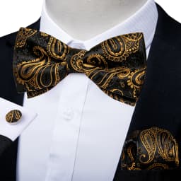 Classic Black Men Bow Ties Bowties Butterfly Pocket Square Cufflinks Set Suit Paisley Gold Pre-Tied Bow Tie