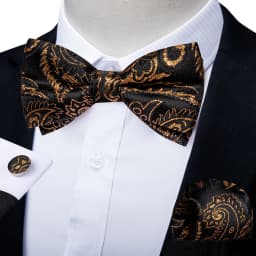 Classic Black Men Bow Ties Bowties Butterfly Pocket Square Cufflinks Set Suit Paisley Gold Pre-Tied Bow Tie