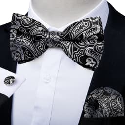 Classic Black Men Bow Ties Bowties Butterfly Pocket Square Cufflinks Set Suit Paisley Gold Pre-Tied Bow Tie