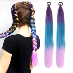 LUPU Synthetic Ponytail Extension with Elastic Tie Hair Band 26" Long Straight Colored Braiding Ponytail Ombre Pink Purple Blue