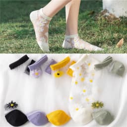 5Pairs Summer Woman Silk Socks Ankle Lace Ultra-thin Girl’s Transparent Glass Fiber Fashion Daisy Flower Harajuku Cute Style New