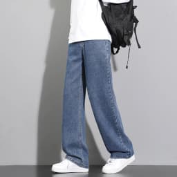 2026 New Korean Men's Casual Long Jeans Classic Man Straight Denim Wide-leg Pants Solid Color Light Blue Grey Black