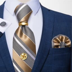 Men Tie Navy Gold Striped Business Formal Necktie Handkerchief Cuffinks Ring Set Jacquard Woven Wedding Tie DiBanGu