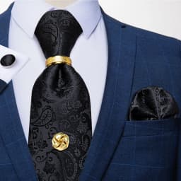 Men Tie Navy Gold Striped Business Formal Necktie Handkerchief Cuffinks Ring Set Jacquard Woven Wedding Tie DiBanGu