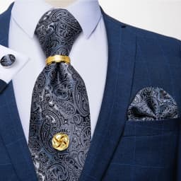 Men Tie Navy Gold Striped Business Formal Necktie Handkerchief Cuffinks Ring Set Jacquard Woven Wedding Tie DiBanGu