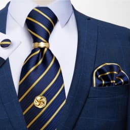 Men Tie Navy Gold Striped Business Formal Necktie Handkerchief Cuffinks Ring Set Jacquard Woven Wedding Tie DiBanGu