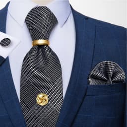 Men Tie Navy Gold Striped Business Formal Necktie Handkerchief Cuffinks Ring Set Jacquard Woven Wedding Tie DiBanGu
