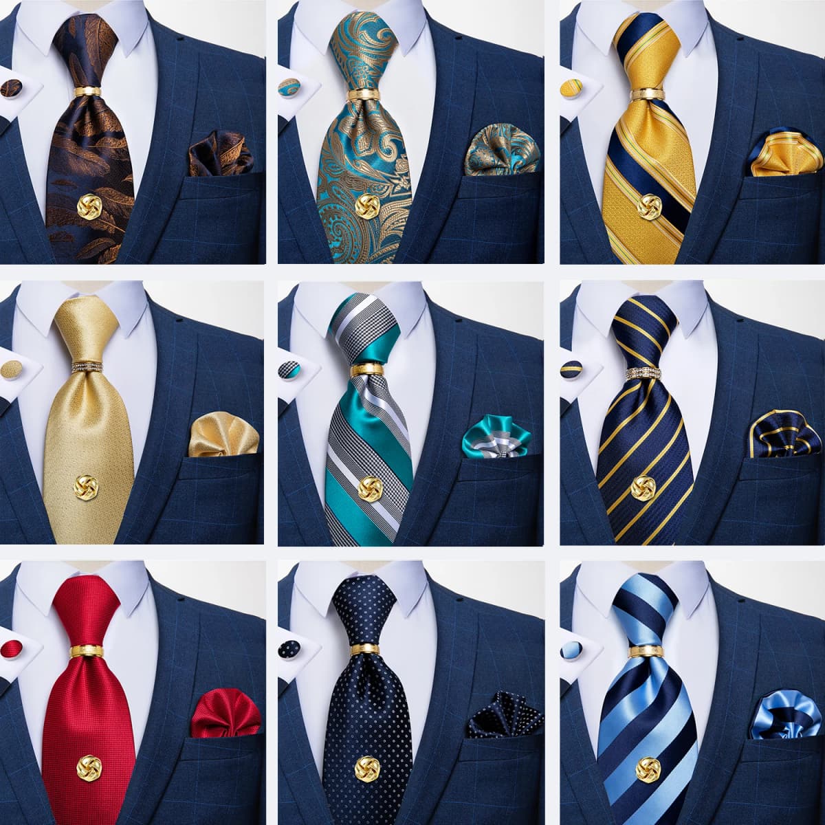 Men Tie Navy Gold Striped Business Formal Necktie Handkerchief Cuffinks Ring Set Jacquard Woven Wedding Tie DiBanGu