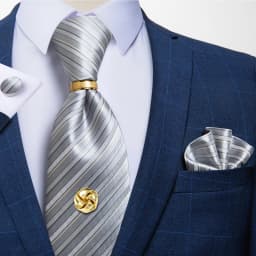 Men Tie Navy Gold Striped Business Formal Necktie Handkerchief Cuffinks Ring Set Jacquard Woven Wedding Tie DiBanGu