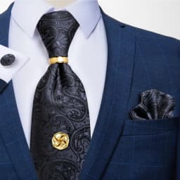 Men Tie Navy Gold Striped Business Formal Necktie Handkerchief Cuffinks Ring Set Jacquard Woven Wedding Tie DiBanGu