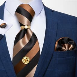 Men Tie Navy Gold Striped Business Formal Necktie Handkerchief Cuffinks Ring Set Jacquard Woven Wedding Tie DiBanGu