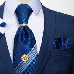 Men Tie Navy Gold Striped Business Formal Necktie Handkerchief Cuffinks Ring Set Jacquard Woven Wedding Tie DiBanGu