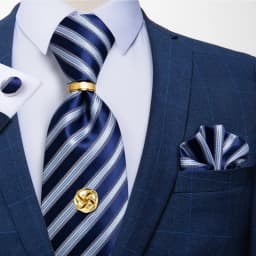 Men Tie Navy Gold Striped Business Formal Necktie Handkerchief Cuffinks Ring Set Jacquard Woven Wedding Tie DiBanGu