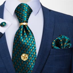 Men Tie Navy Gold Striped Business Formal Necktie Handkerchief Cuffinks Ring Set Jacquard Woven Wedding Tie DiBanGu