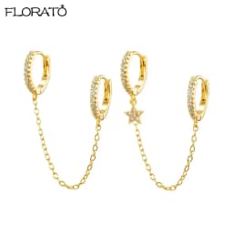 1PCS Double Hoop Earring with Chain 925 Sterling Silver Ear Needle Crystal Huggie Earrings Party Jewelry Piercing Earlobe Hoops