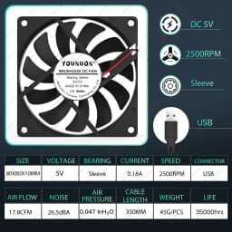 YOUNUON 80MM Fan 5V USB Fan 80x80x10mm 8cm DC 5V 12V 24V 8010 Fan Brushless Cooling Cooler PC Fan Computer Case Fan Cooler