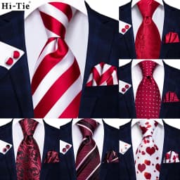 Hi-Tie White Red Striped Paisley Solid Wedding Tie For Men Design Mens Necktie Hanky Cufflink Business Party Dropshipping