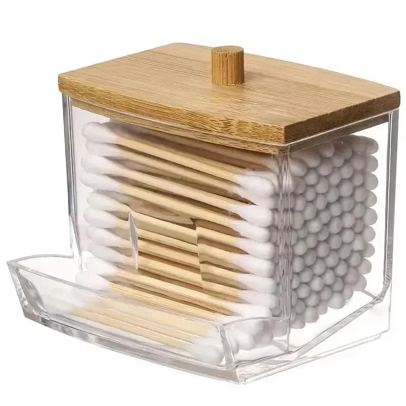 Cotton Swab Storage Box Double Head Cotton Buds Container Transparent Square Bamboo Cover Cotton Swab Toothpick Organize Box