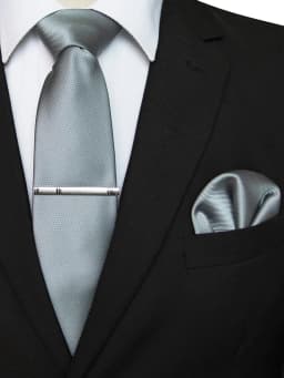 EASTEPIC 8 cm Classic Grey Twill Ties for Men in Business Suits Necktie Set Clip Handkerchief Men's Accessory Wedding Party