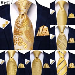 2026 New Design Yellow Gold Paisley Fashion Brand Tie for Men Wedding Party Necktie Handky Cufflinks Gift Wholesale Hi-Tie