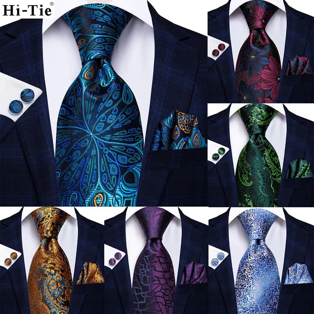 Hi-Tie Peacock Blue Novelty Design Wedding Tie For Men Hanky Cufflinks Gift Mens Necktie Set Business Party Dropshipping