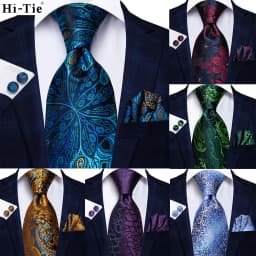 Hi-Tie Peacock Blue Novelty Design Wedding Tie For Men Hanky Cufflinks Gift Mens Necktie Set Business Party Dropshipping