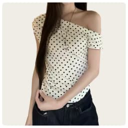 Summer Korean Style Retro Ivory Black Polka Dot Slim Fit Short-Sleeved Off-The-Shoulder T-Shirt