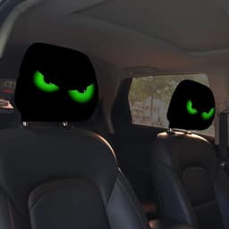 2PCS Funny Slanted Eyes Cartoon Print Car Headrest Cover for Halloween Christmas Holiday Automobile Interior Decoration