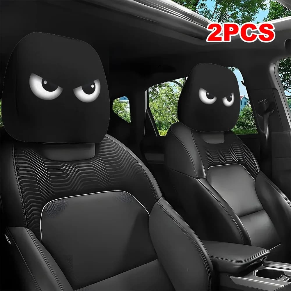 2PCS Funny Slanted Eyes Cartoon Print Car Headrest Cover for Halloween Christmas Holiday Automobile Interior Decoration