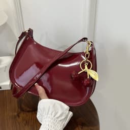 Women's PU Leather Handbag Versatile Fashion Solid Color Cherry Pendant Shoulder Bag Casual Commuting Bag Underarm Bag