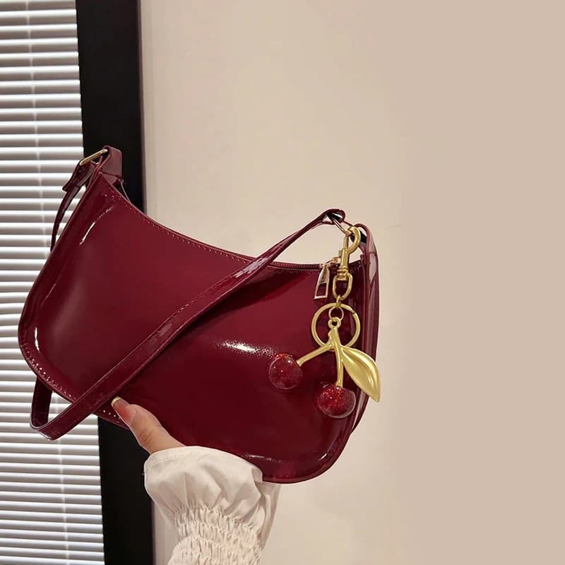 Women's PU Leather Handbag Versatile Fashion Solid Color Cherry Pendant Shoulder Bag Casual Commuting Bag Underarm Bag