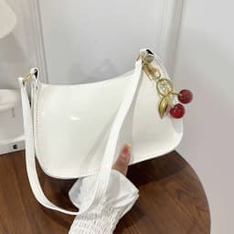 Women's PU Leather Handbag Versatile Fashion Solid Color Cherry Pendant Shoulder Bag Casual Commuting Bag Underarm Bag