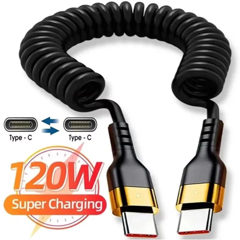 PD 120W Type C To Type C Cable 5A Fast Charge USB C Spring Car Charger Cable For iPhone 15 Series Xiaomi 12 Samsung S23 Macbook