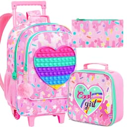 3PCS Rolling Backpack for Girls, Kids Roller Wheels Bookbag, Wheeled School Bag with Lunch Bag - Heart Purple