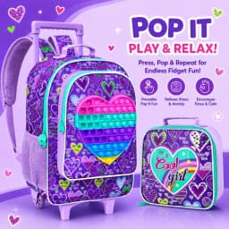 3PCS Rolling Backpack for Girls, Kids Roller Wheels Bookbag, Wheeled School Bag with Lunch Bag - Heart Purple