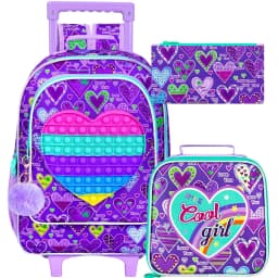 3PCS Rolling Backpack for Girls, Kids Roller Wheels Bookbag, Wheeled School Bag with Lunch Bag - Heart Purple