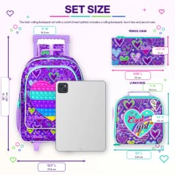 3PCS Rolling Backpack for Girls, Kids Roller Wheels Bookbag, Wheeled School Bag with Lunch Bag - Heart Purple