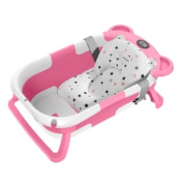 Foldable Baby Bathtub Large Infant Bath Tub with Thermometer Non-Slip Mat for Newborn Toddler Safe Bathing Essentials Gray/Pink