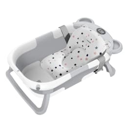 Foldable Baby Bathtub Large Infant Bath Tub with Thermometer Non-Slip Mat for Newborn Toddler Safe Bathing Essentials Gray/Pink