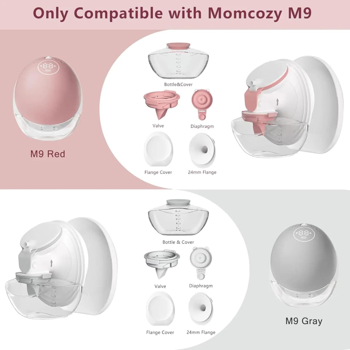 Breast Replacement Part for Momcozy Upgraded Mobile Flow | Upgraded M9, 24mm Flange, Red Valve, Red Diaphragm,M9 Full Set