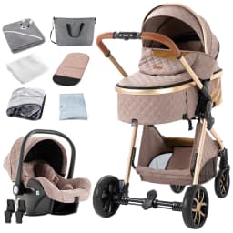 Luxury 3 in 1 Baby Pram, Stroller and Pushchair with Detachable Carrycot, Smooth Wheels and Multi-Angle Recline