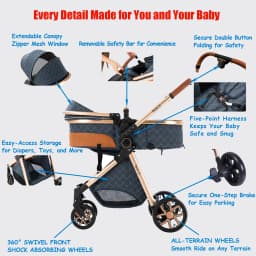 Luxury 3 in 1 Baby Pram, Stroller and Pushchair with Detachable Carrycot, Smooth Wheels and Multi-Angle Recline