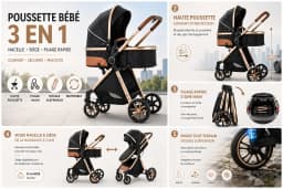 Luxury 3 in 1 Baby Pram, Stroller and Pushchair with Detachable Carrycot, Smooth Wheels and Multi-Angle Recline