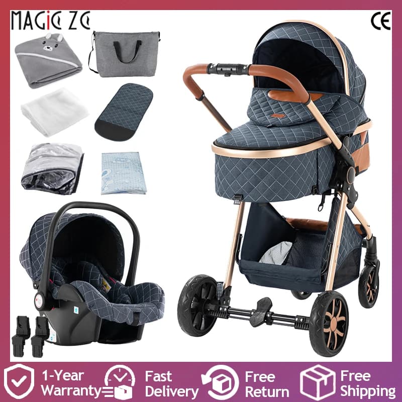 Luxury 3 in 1 Baby Pram, Stroller and Pushchair with Detachable Carrycot, Smooth Wheels and Multi-Angle Recline