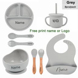 8Pcs Baby Silicone Feeding Set Round Dining Plate Sucker Bowl Dishes For Kids Personalized Name Children's Tableware Straw Cup