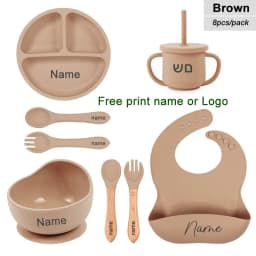 8Pcs Baby Silicone Feeding Set Round Dining Plate Sucker Bowl Dishes For Kids Personalized Name Children's Tableware Straw Cup