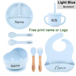 8Pcs Baby Silicone Feeding Set Round Dining Plate Sucker Bowl Dishes For Kids Personalized Name Children's Tableware Straw Cup