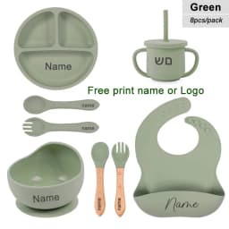 8Pcs Baby Silicone Feeding Set Round Dining Plate Sucker Bowl Dishes For Kids Personalized Name Children's Tableware Straw Cup