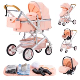 3 in 1 Baby Stroller with Car Seat and Sleeping Basket Multifunction Baby Pram Lightweight Infant Pushchair Compact Folding Pram