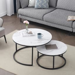 EGOONM White Marble Round Tea Desk End Table In Living Room Furniture Coffee Table Wooden Combination Home Metal Bracket